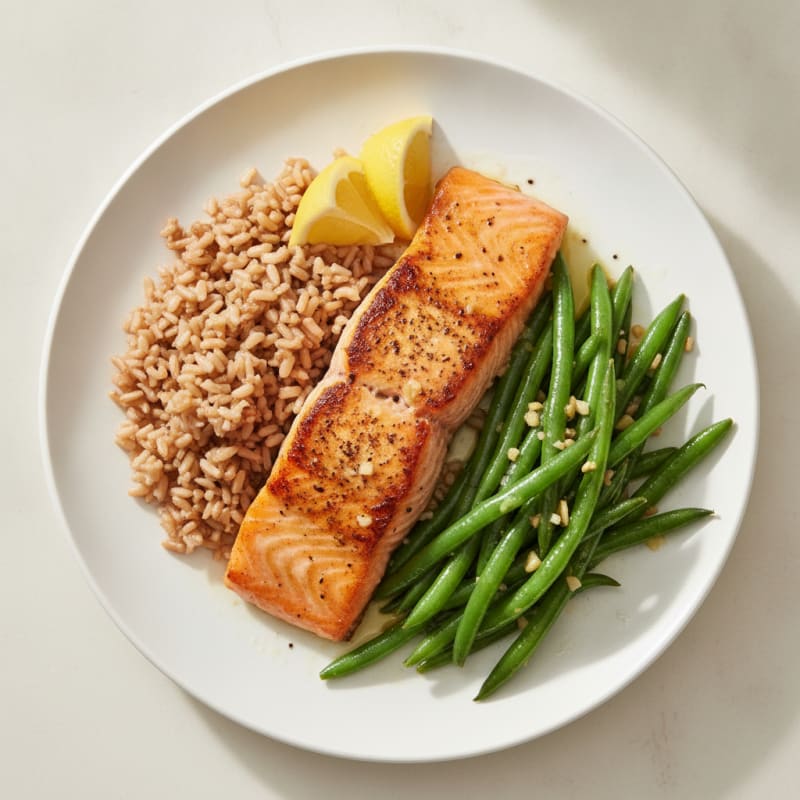 Seared Salmon Fillet with Garlic Green Beans and Brown Rice