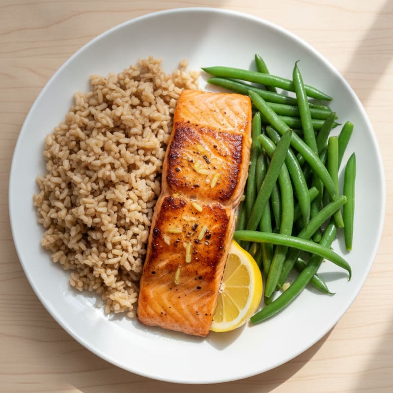 Seared Salmon with Steamed Green Beans and Brown Rice