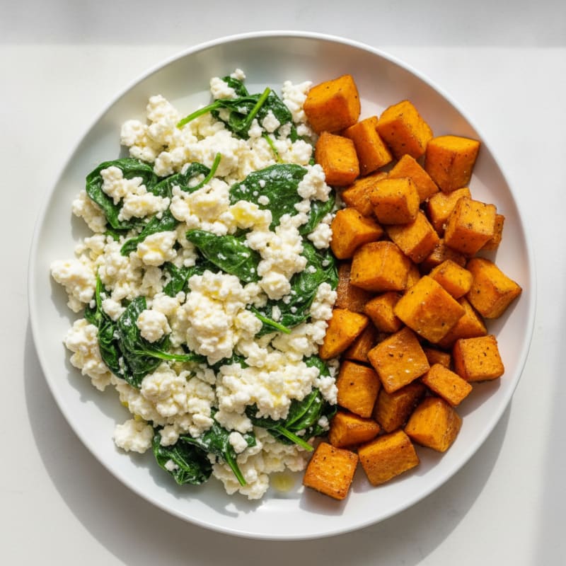 Egg White and Spinach Scramble with Cottage Cheese and Roasted Sweet Potato