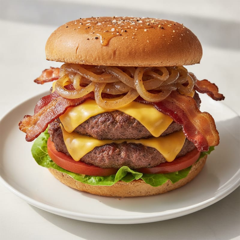Double Bacon Cheeseburger with Caramelized Onions