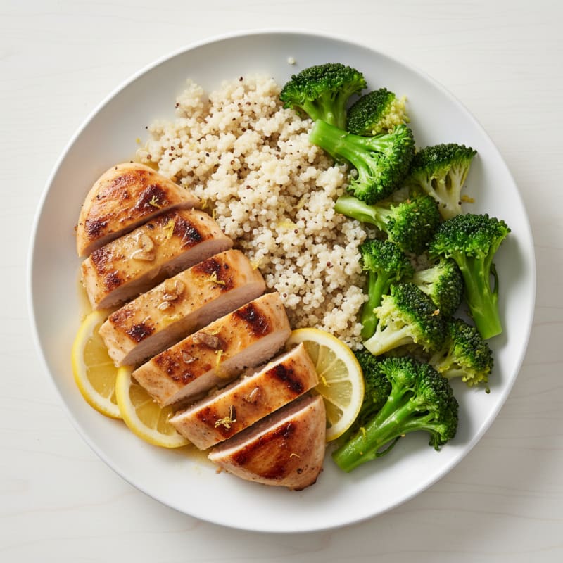 Grilled Lemon-Garlic Chicken Breast with Quinoa and Steamed Broccoli