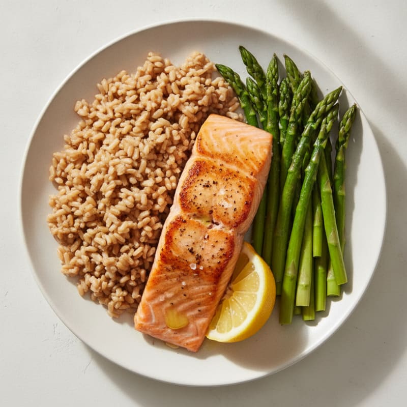 Seared Salmon with Steamed Asparagus and Brown Rice