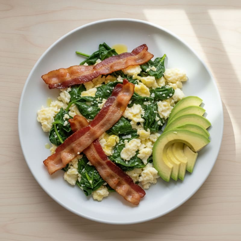 Crispy Turkey Bacon and Egg White Scramble with Spinach