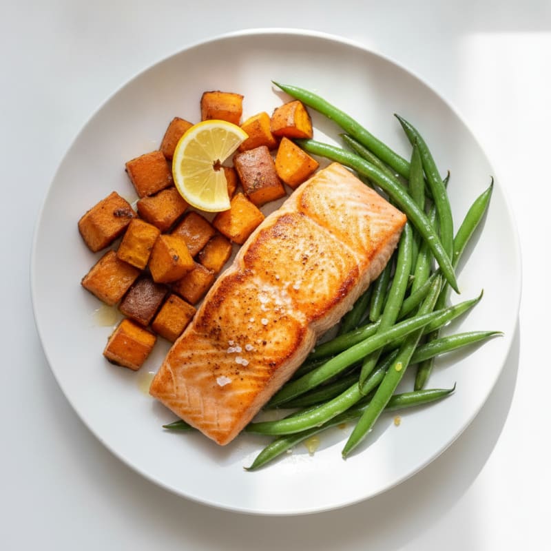 Seared Salmon with Roasted Sweet Potatoes and Green Beans