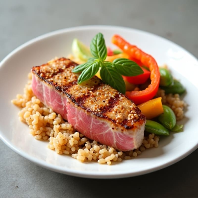 Fresh Tuna with Sesame-Ginger Dressing, Brown Rice, and Crispy Vegetables