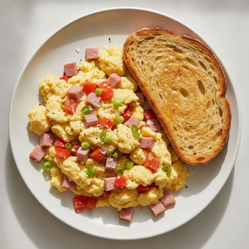 Ham and Bell Pepper Scramble with Toast