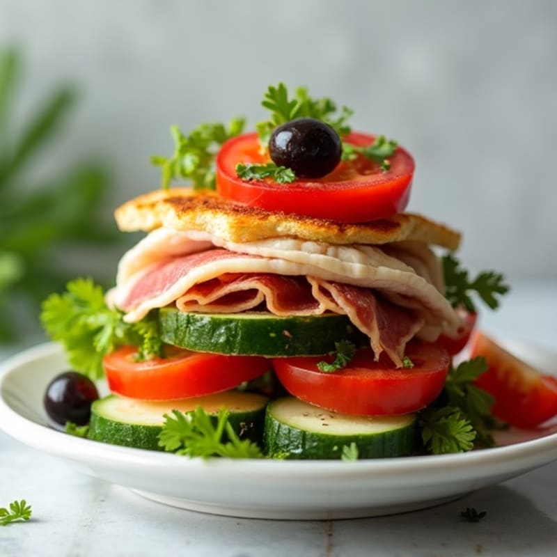 Lean Turkey-Prosciutto Stack with Fresh Mediterranean Vegetables