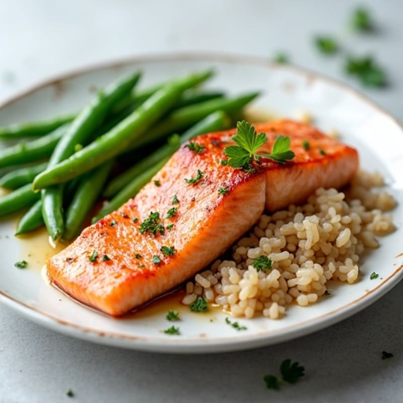 Seared Salmon with Steamed Green Beans and Brown Rice