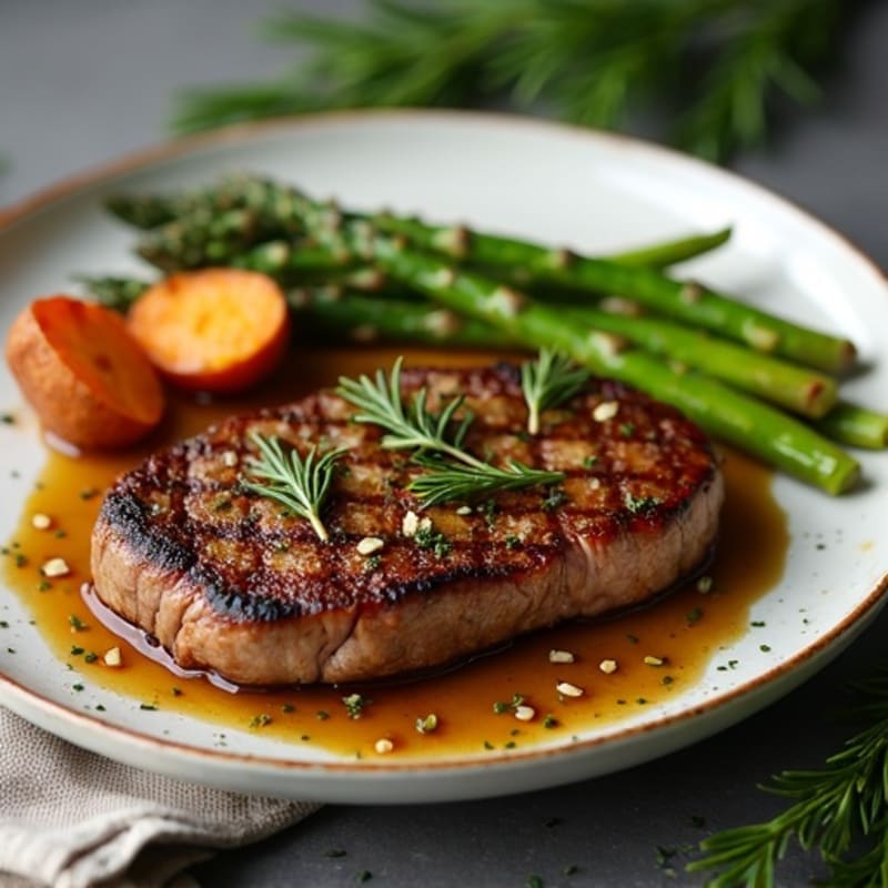 Garlic Herb Pan-Seared Steak with Roasted Asparagus and Sweet Potato