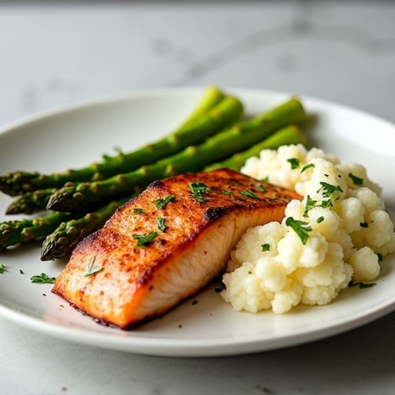 Seared Salmon with Steamed Asparagus and Garlic Mashed Cauliflower