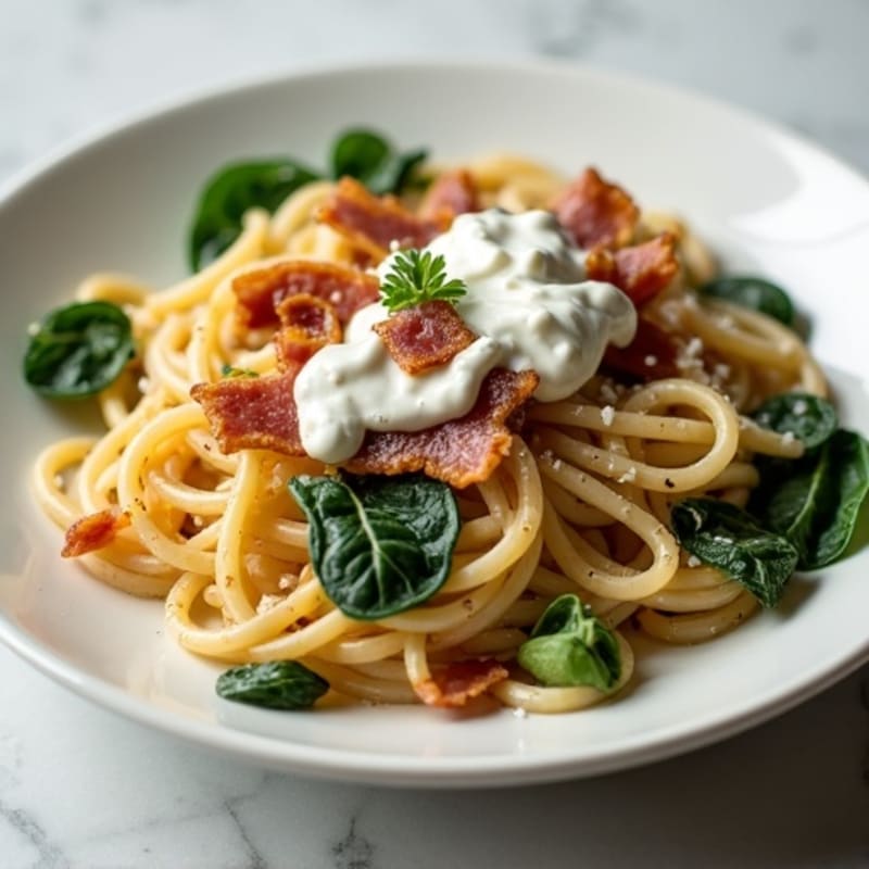Creamy Whole Wheat Pasta with Lean Turkey Bacon and Spinach
