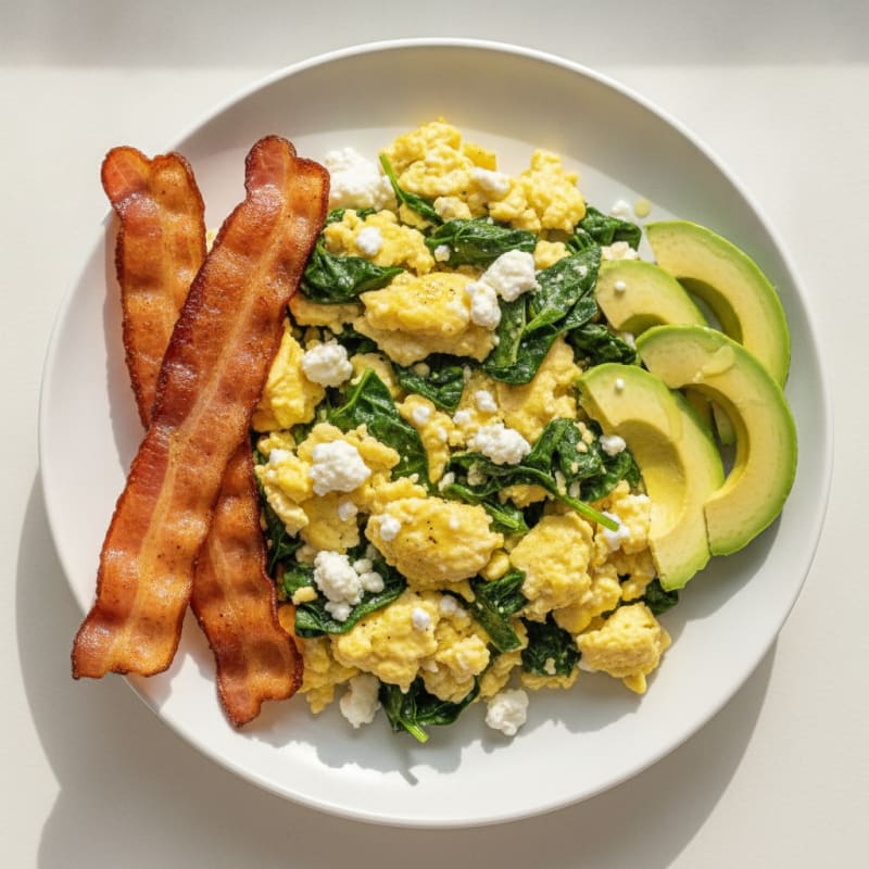 Cottage Cheese Egg Scramble with Spinach and Turkey Bacon