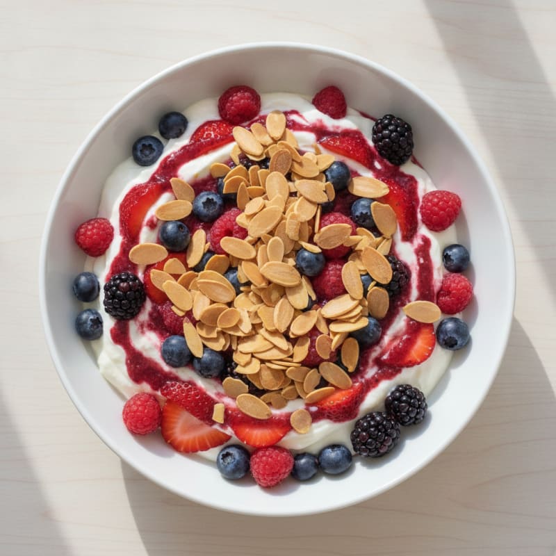 Greek Yogurt Protein Parfait with Mixed Berries and Almonds
