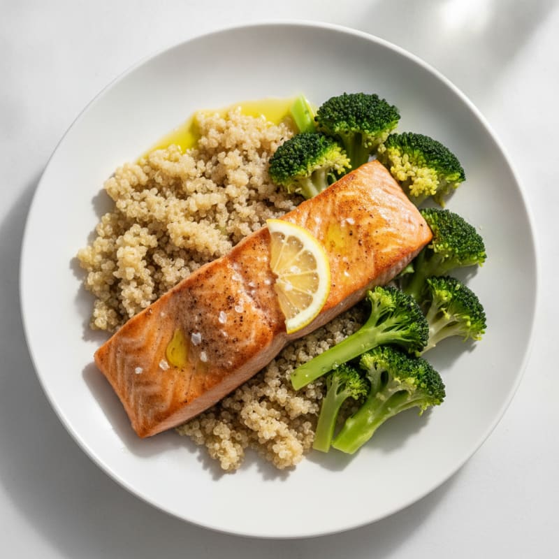 Seared Salmon with Steamed Broccoli and Quinoa