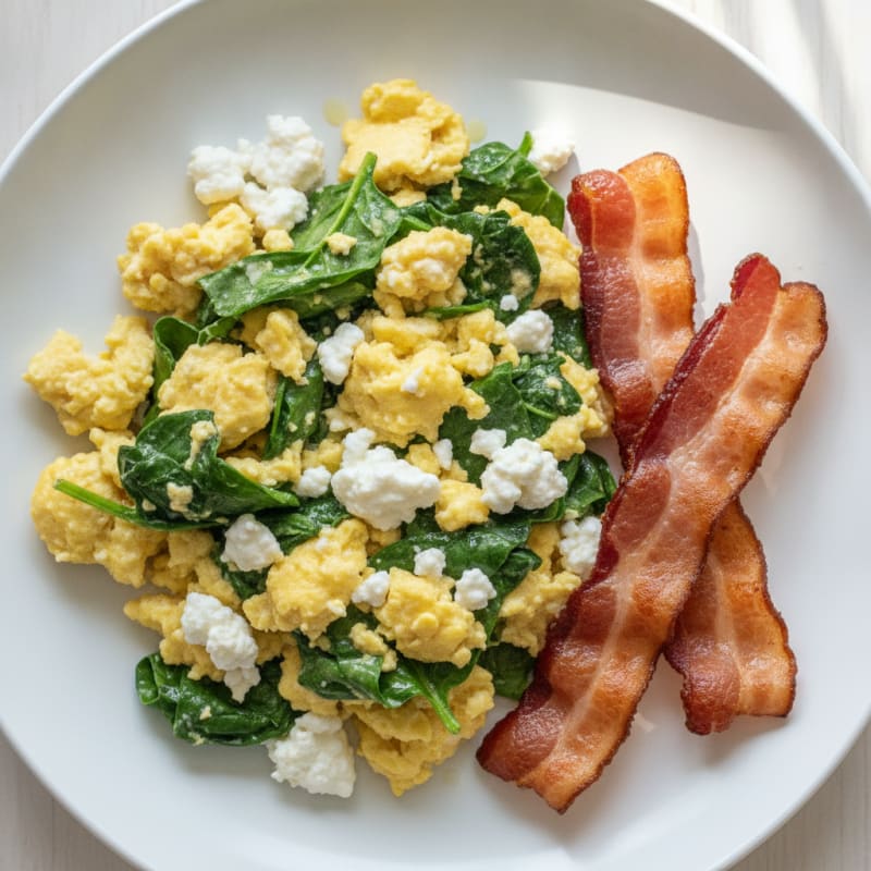 Cottage Cheese Egg Scramble with Spinach and Turkey Bacon