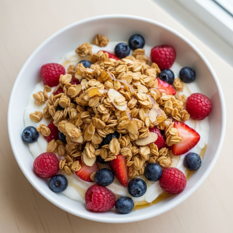 Greek Yogurt Parfait with Crunchy Almond Granola and Mixed Berries