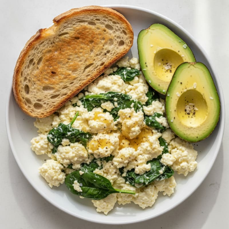 Scrambled Eggs with Cottage Cheese and Sautéed Spinach