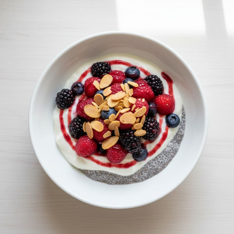 Greek Yogurt Chia Parfait with Mixed Berries and Sliced Almonds