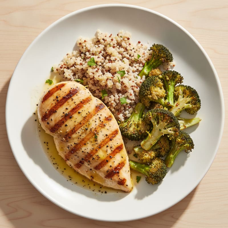Grilled Lemon Pepper Chicken Breast with Quinoa and Roasted Broccoli