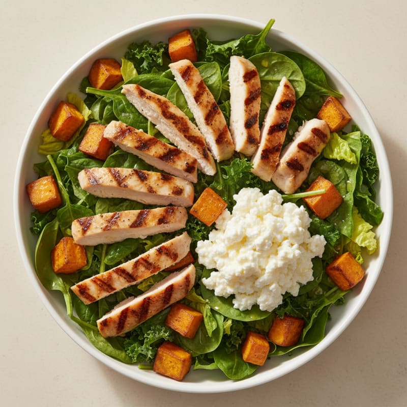 Grilled Chicken Salad with Cottage Cheese and Roasted Sweet Potatoes