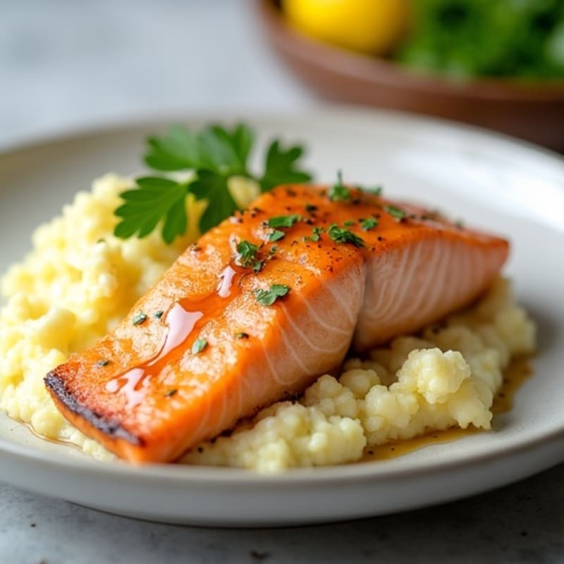Salted Caramel Glazed Salmon with Creamy Lemon Cauliflower Mash