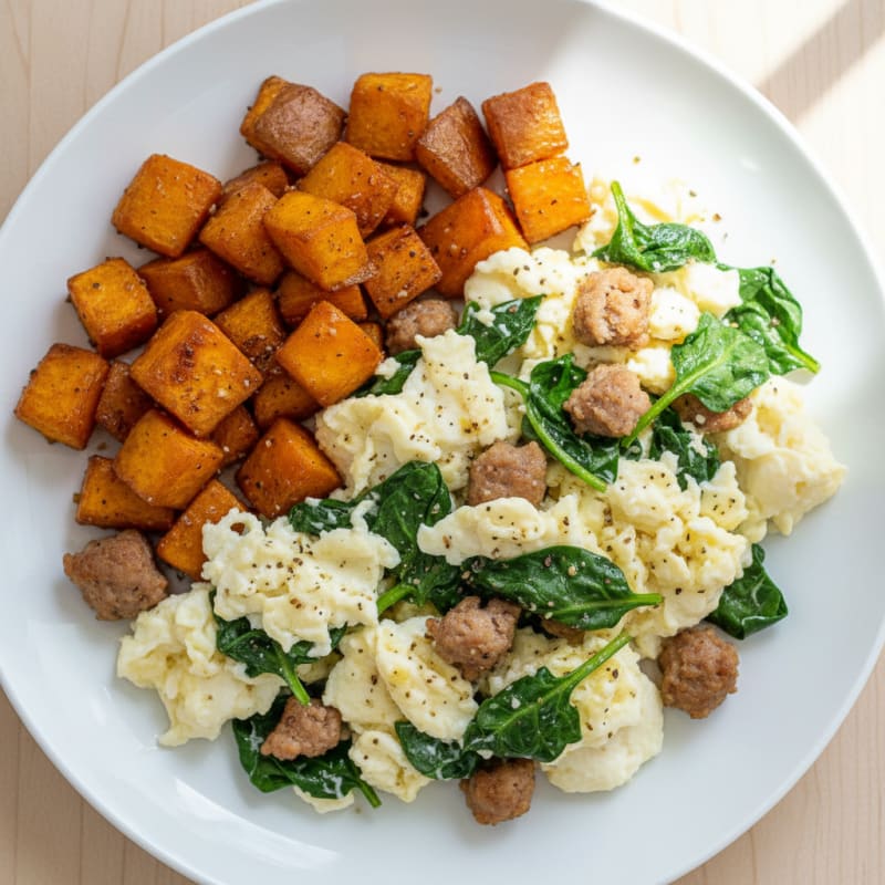 Egg White and Turkey Sausage Scramble with Spinach and Roasted Sweet Potatoes