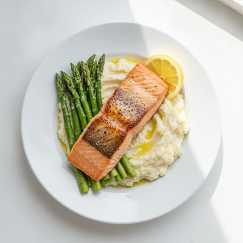 Seared Salmon with Steamed Asparagus and Cauliflower Mash