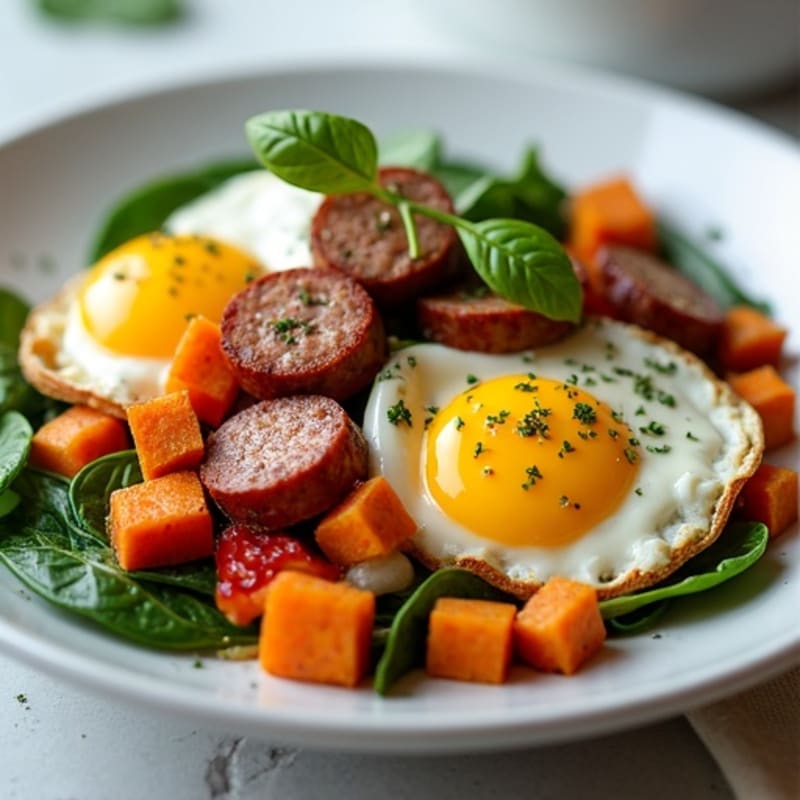 Crispy Sweet Potato and Egg Hash with Lean Turkey Sausage