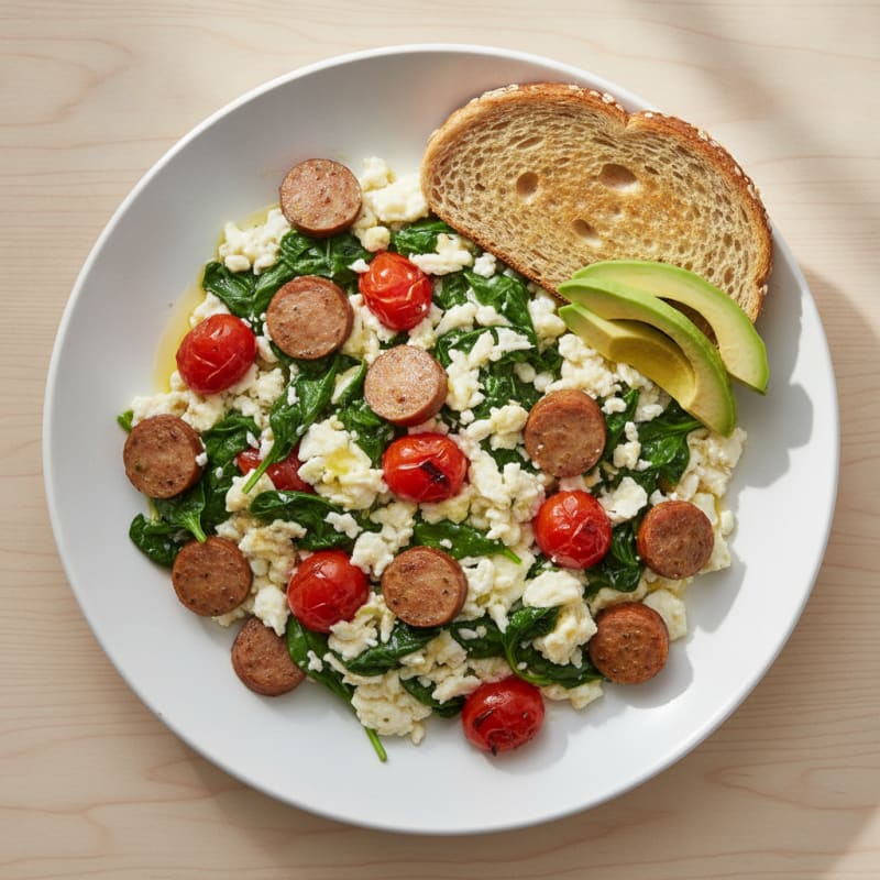 Egg White and Turkey Sausage Scramble with Spinach and Tomatoes