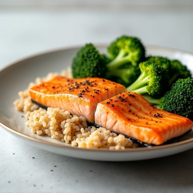Seared Salmon with Steamed Broccoli and Brown Rice