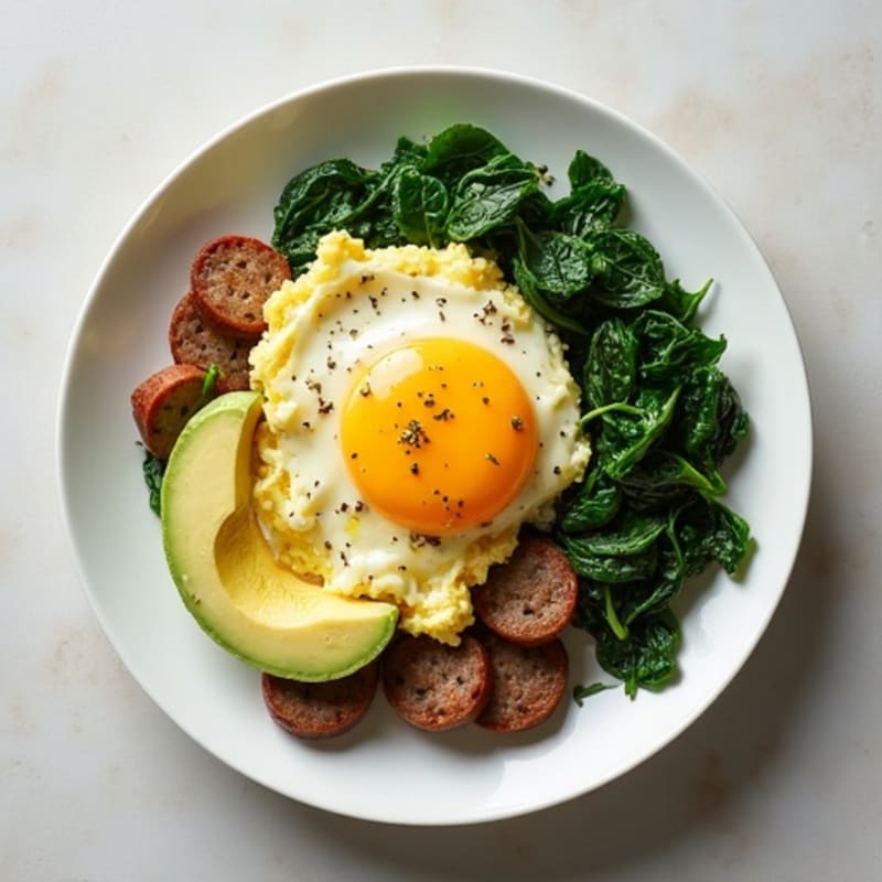 Egg White Scramble with Turkey Sausage and Sautéed Spinach