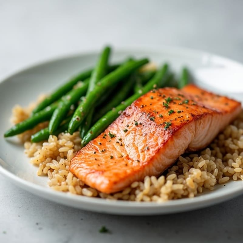 Seared Salmon Fillet with Steamed Green Beans and Brown Rice