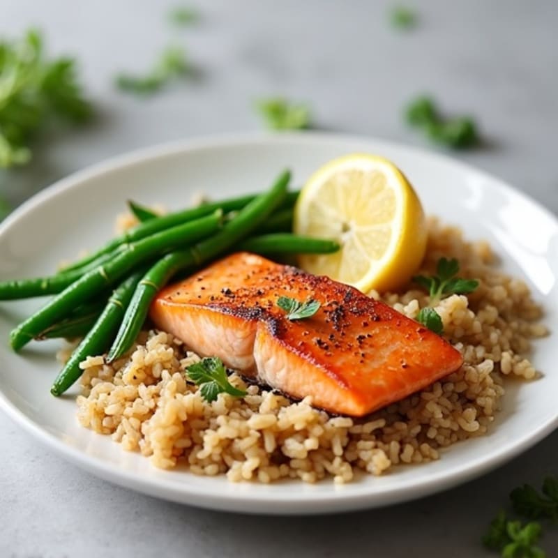 Seared Salmon Fillet with Steamed Green Beans and Brown Rice