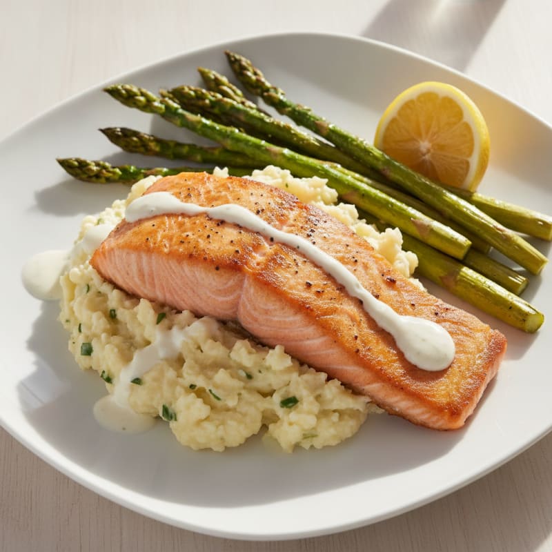 Seared Salmon with Roasted Asparagus and Cauliflower Mash