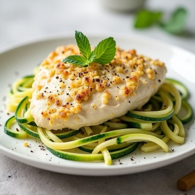 Creamy Cauliflower Alfredo Chicken with Zucchini Noodles