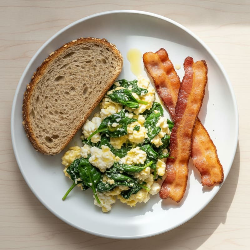 Cottage Cheese Egg Scramble with Spinach and Turkey Bacon