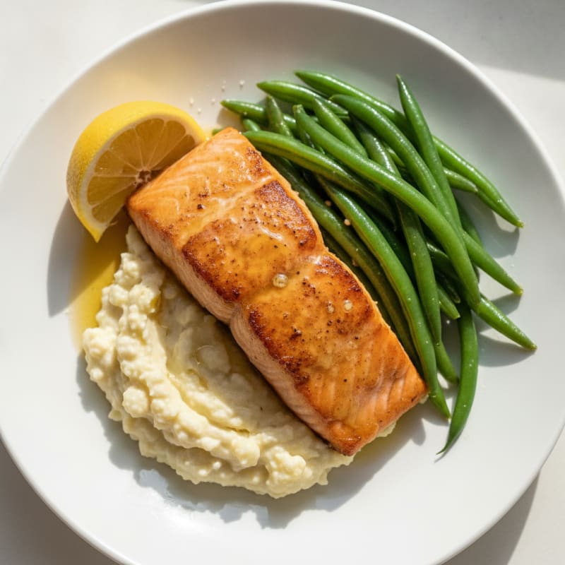 Seared Salmon with Steamed Green Beans and Garlic Cauliflower Mash