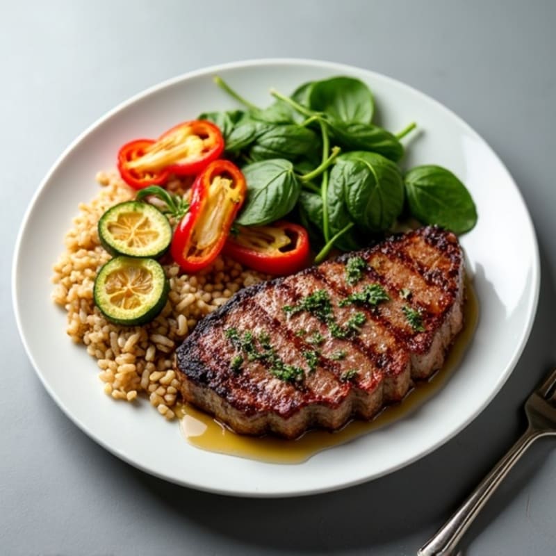 Seared Steak with Roasted Vegetables and Herb Rice