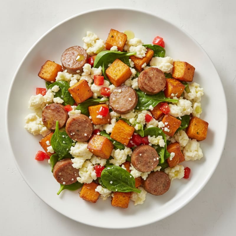 Egg White and Turkey Sausage Scramble with Roasted Sweet Potatoes