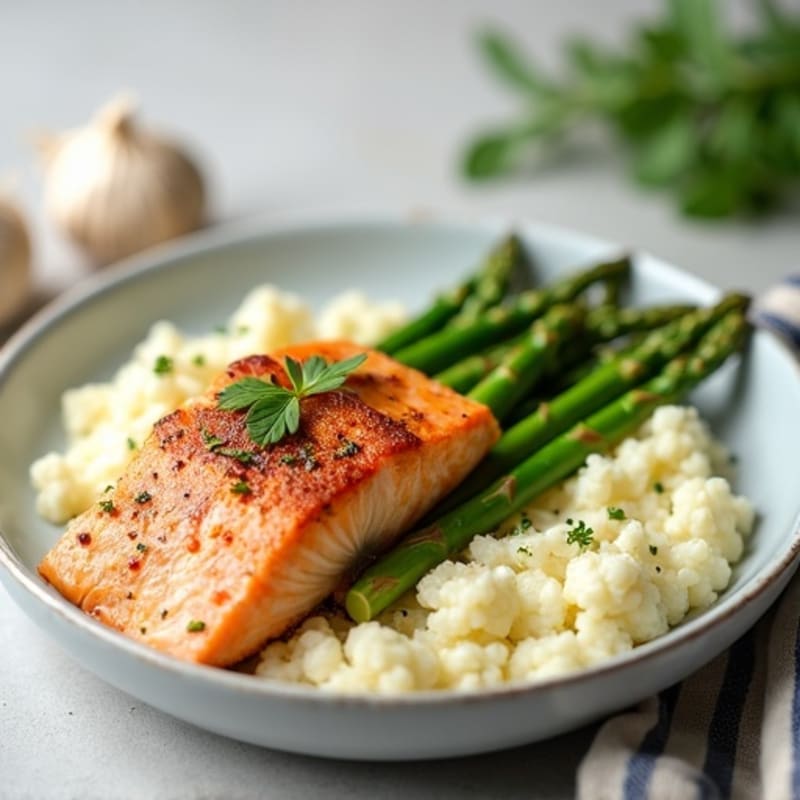Seared Salmon Fillet with Steamed Asparagus and Garlic Cauliflower Mash