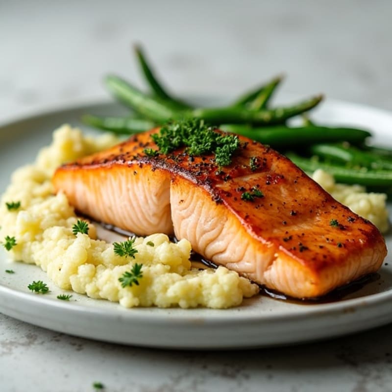 Seared Salmon with Garlic Green Beans and Cauliflower Mash