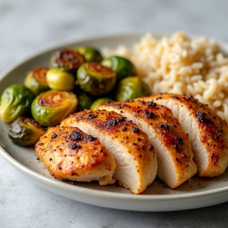 Roasted Chicken Breast with Crispy Brussels Sprouts and Fluffy Brown Rice