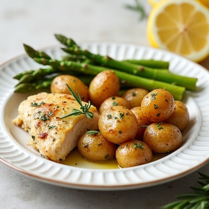 Herb-Roasted Mini Potatoes with Lemon-Garlic Chicken and Tender Asparagus