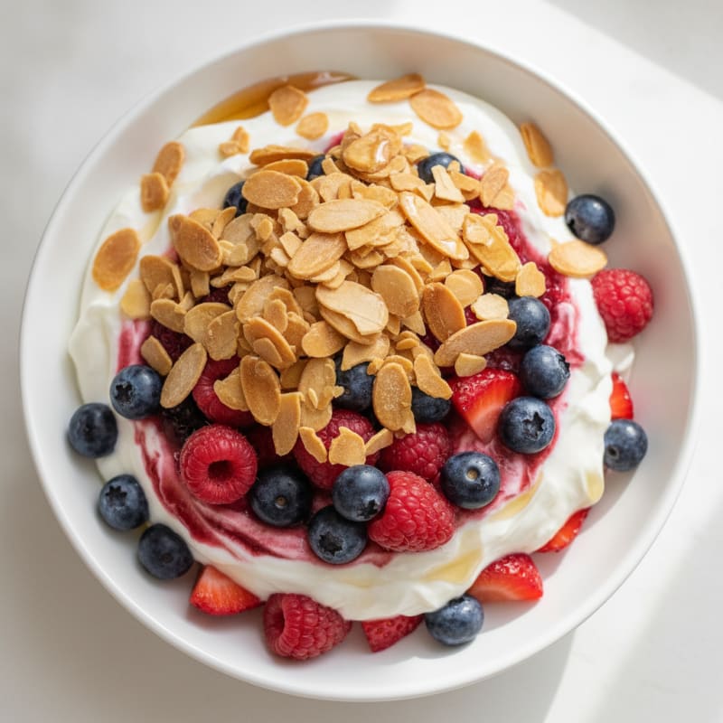 Greek Yogurt Parfait with Mixed Berries and Almond Crunch