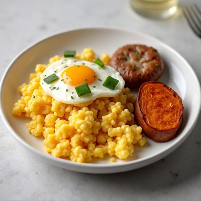 Egg White Scramble with Turkey Sausage and Roasted Sweet Potato