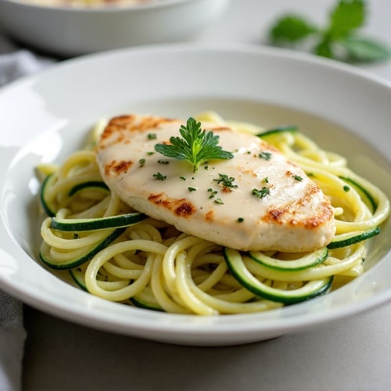 Creamy Cauliflower Alfredo Chicken with Zucchini Noodles