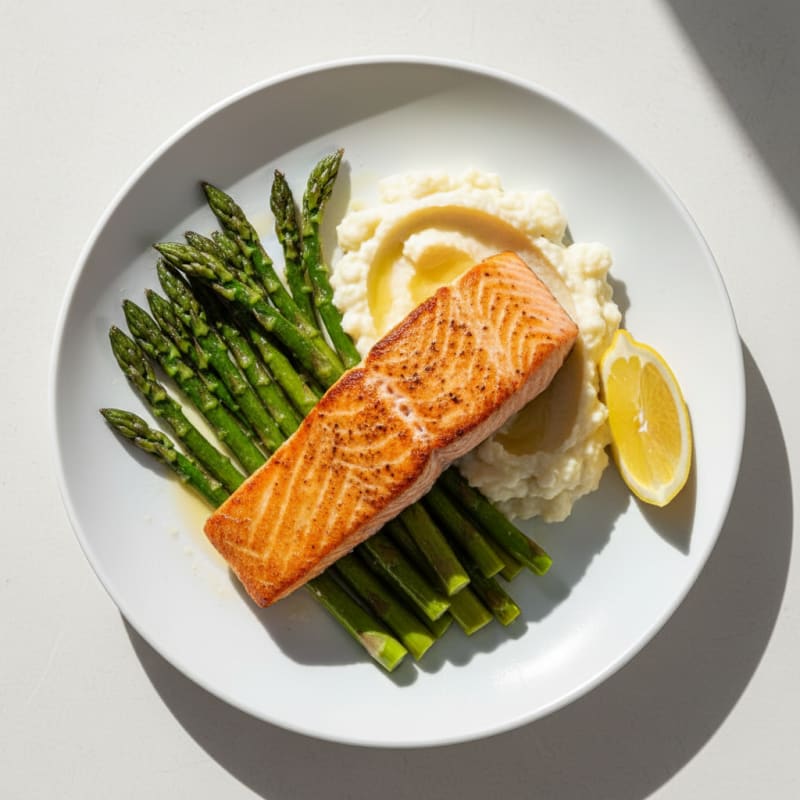 Seared Salmon Fillet with Roasted Asparagus and Cauliflower Mash