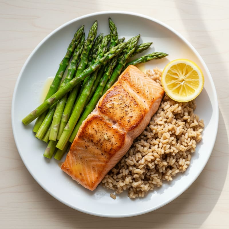 Seared Salmon Fillet with Steamed Asparagus and Brown Rice