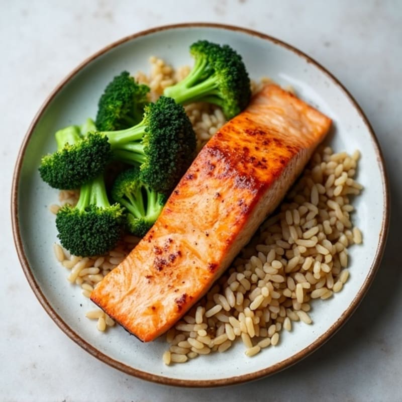 Seared Salmon with Steamed Broccoli and Brown Rice