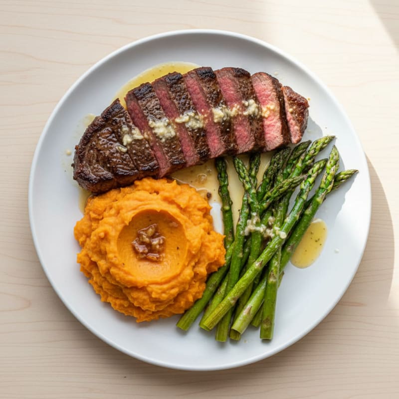 Seared Steak with Roasted Asparagus and Sweet Potato Mash